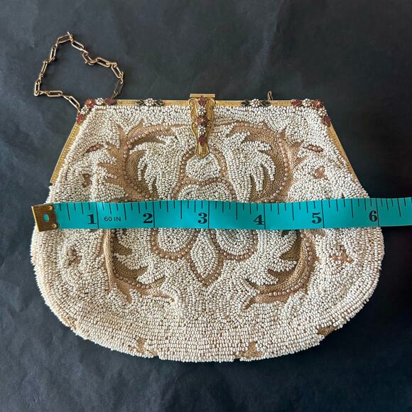Vintage 1940s 1950s Beaded Evening Purse Gold Frame Chain Handle Bridal Bag